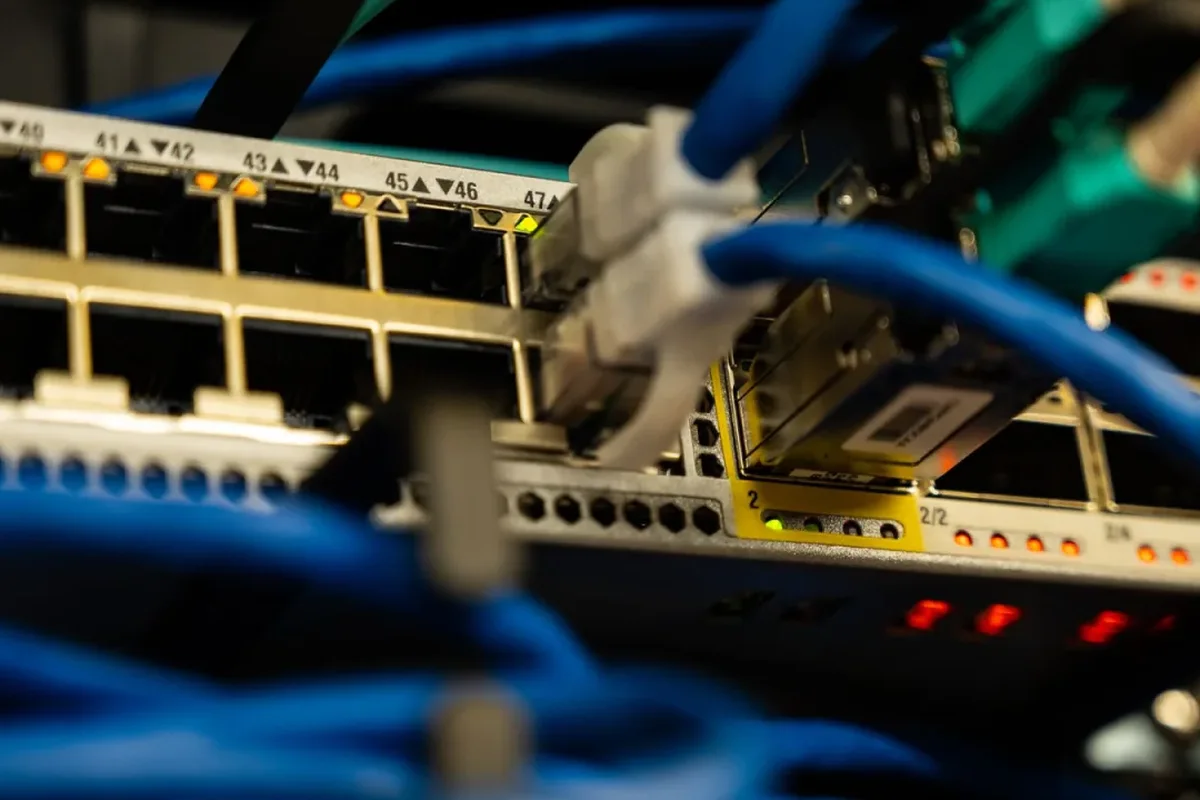 Przełącznik sieciowy z kablami LAN — lokalna sieć bez dostępu do internetu