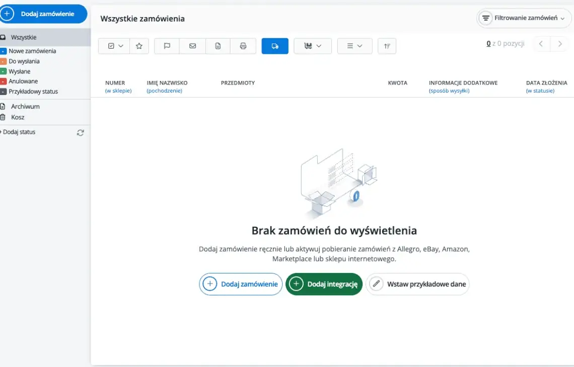 Zrzut ekranu panelu zamówień systemu Baselinker z opcjami integracji z Allegro i Amazon — BaseLinker — konfiguracja automatycznego oznaczania zamówień jako opłacone