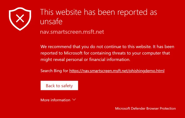 Zrzut ekranu ostrzeżenia Microsoft Defender o niebezpiecznej stronie — Microsoft Defender for Endpoint — ochrona urządzeń firmowych