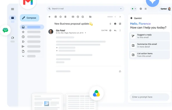 Zrzut ekranu Gmail z panelem asystenta Gemini sugerującego odpowiedzi na e-mail — Konfiguracja automatycznej odpowiedzi (autoresponder)