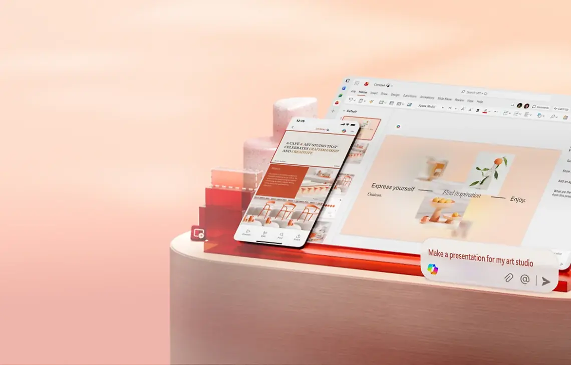 Grafika promocyjna PowerPoint z telefonem i slajdem prezentacji na czerwonym tle — Naprawa uszkodzonej prezentacji PowerPoint