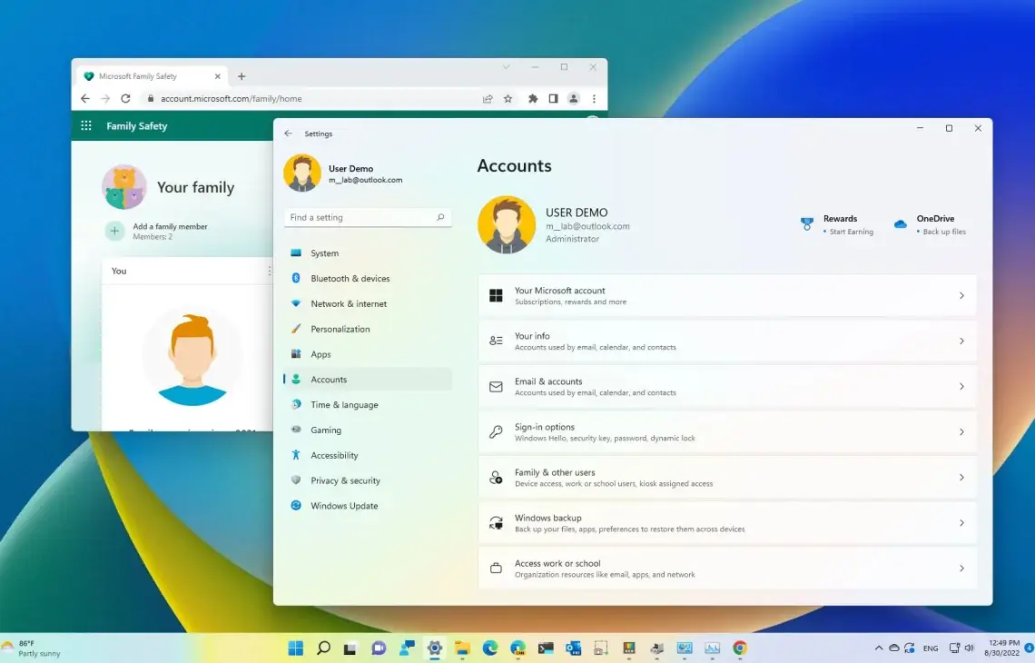 Zrzut ekranu Windows 11 z ustawieniami kont i Family Safety — Konfiguracja wielu kont użytkowników na jednym laptopie