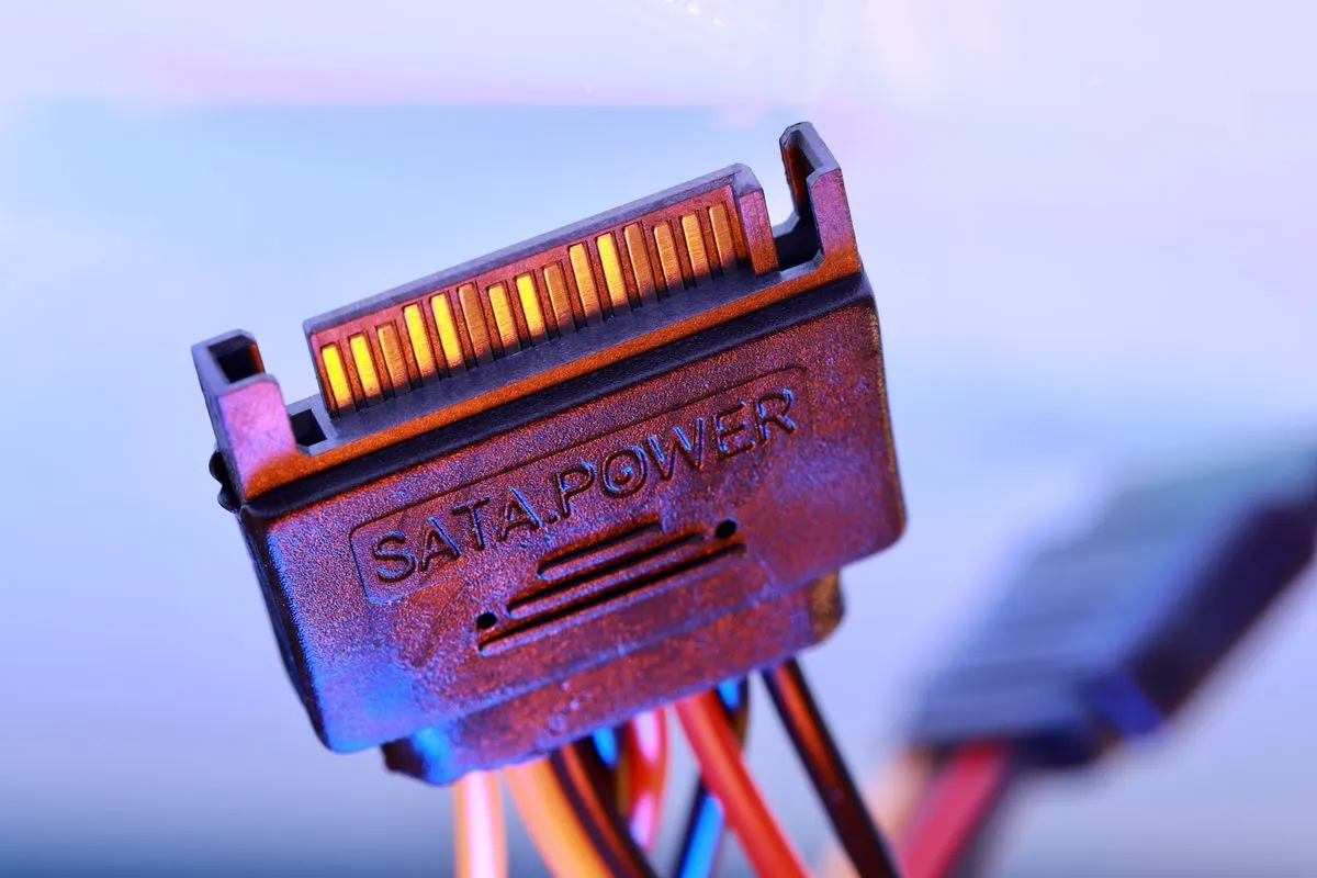 Makro złącza SATA power z kolorowymi przewodami zasilającymi — Kable i złącza SATA — zasilanie i transfer danych dysków