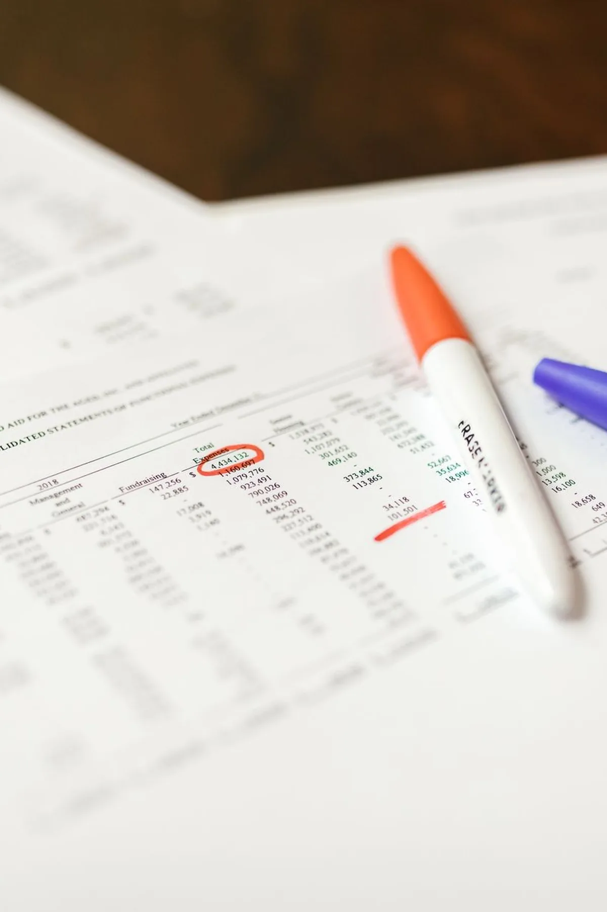 Close-up of financial documents with pens highlighting important data points.