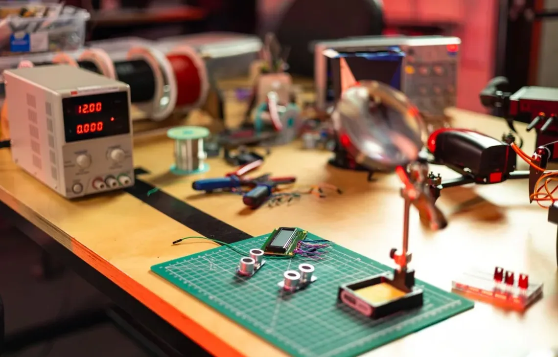 warsztat elektroniczny z zasilaczem laboratoryjnym, lupą i narzędziami