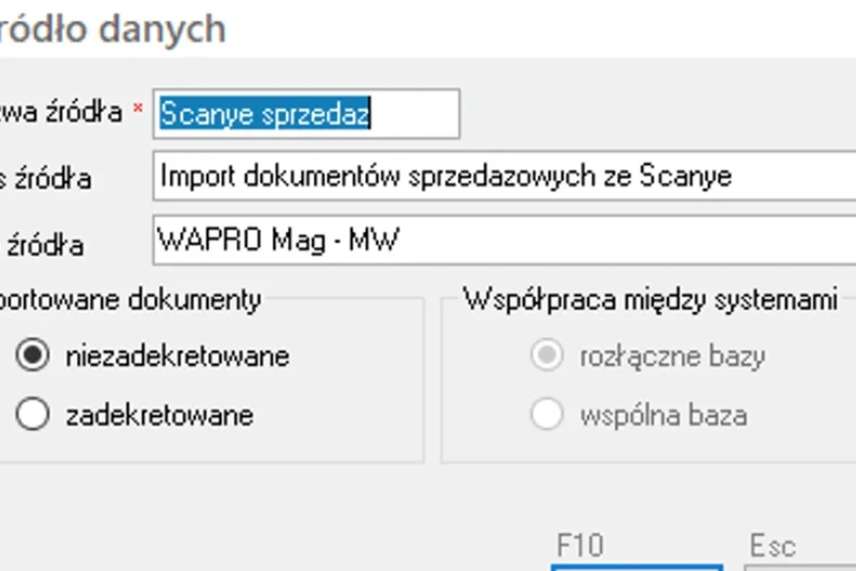 Okno konfiguracji źródła danych w programie WAPRO Mag