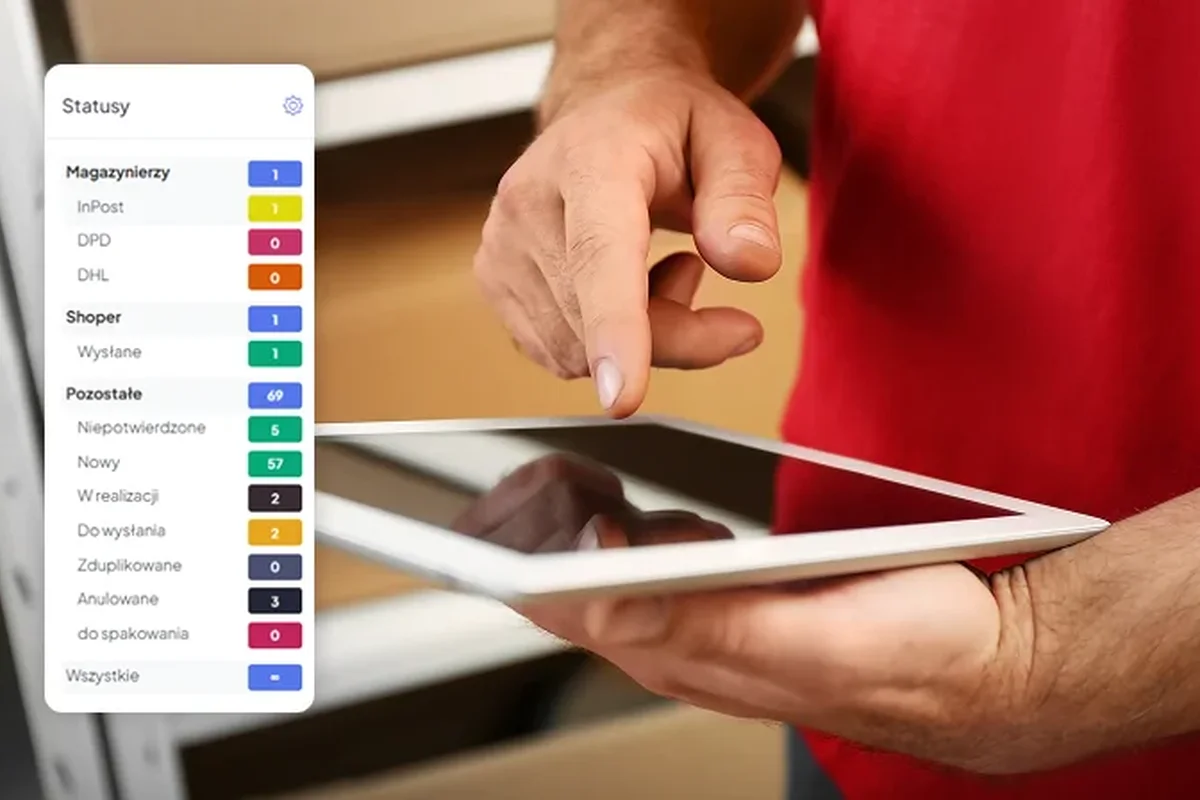 Tablet z panelem statusów zamówień i wysyłek