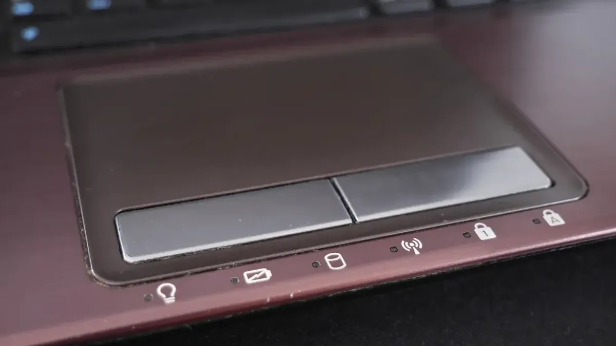 Zbliżenie gładzika (touchpada) laptopa z przyciskami i diodami statusu