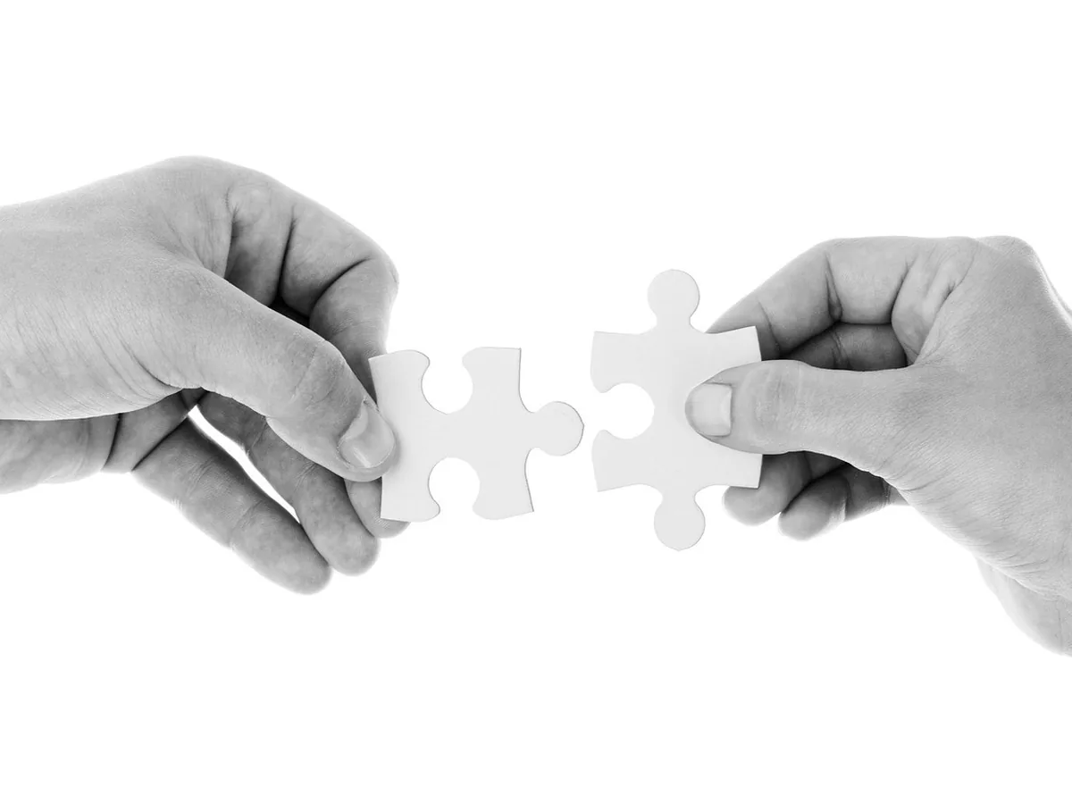 hands, puzzle pieces, connect, connection, cooperation, holding, isolated, jigsaw, join, partnership, people, pieces, puzzle, teamwork, two, unity, monochrome, idea, concept, black and white, hands, h