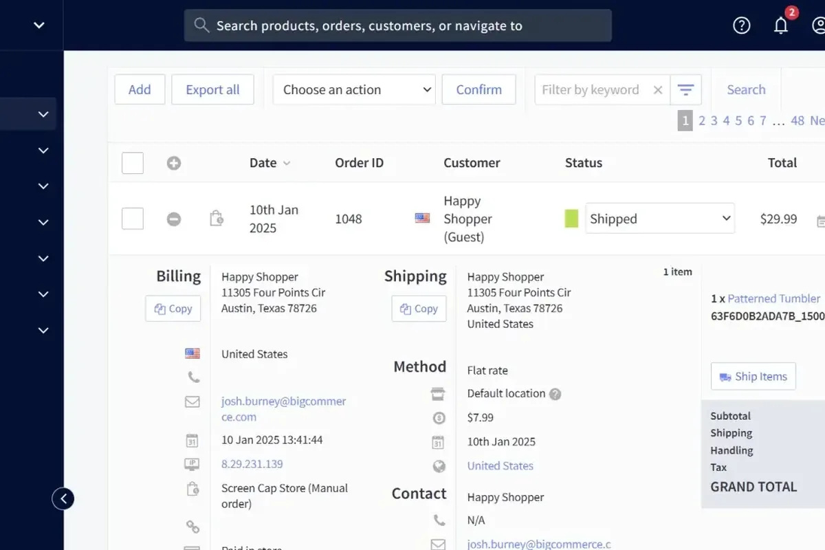 Zrzut ekranu panelu zamówień w platformie e-commerce BigCommerce