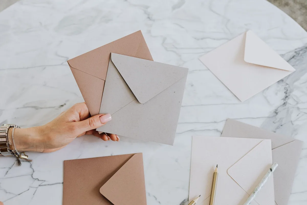 A hand holding craft envelopes on a stylish marble table with pencils, showcasing an artistic layout.