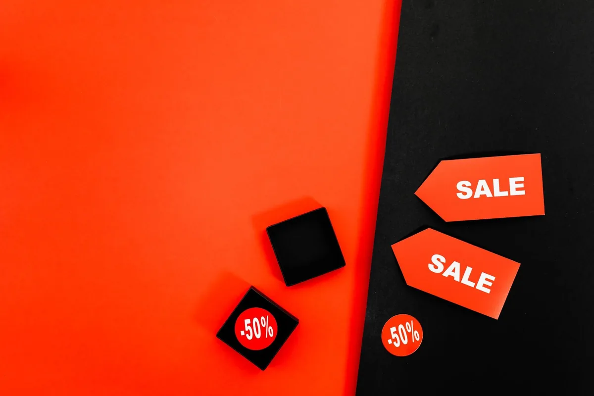 Red and black sale tags with 50% discount, perfect for promotions and marketing.