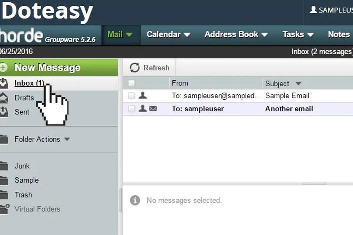 Zrzut ekranu skrzynki odbiorczej webmail Horde z logo Doteasy