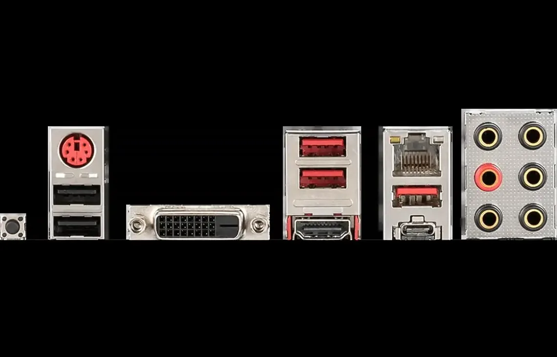 Panel złączy tylnych płyty głównej: USB, HDMI, LAN, audio