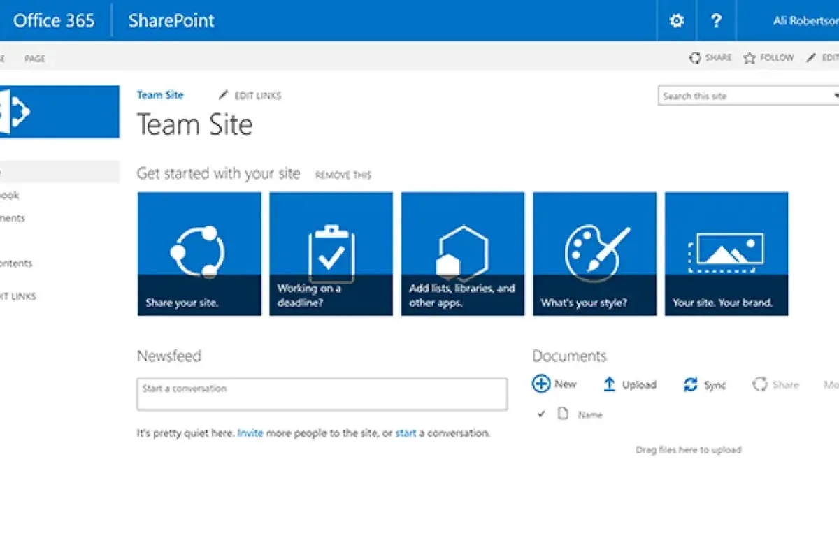 Zrzut ekranu strony zespołowej w SharePoint Office 365