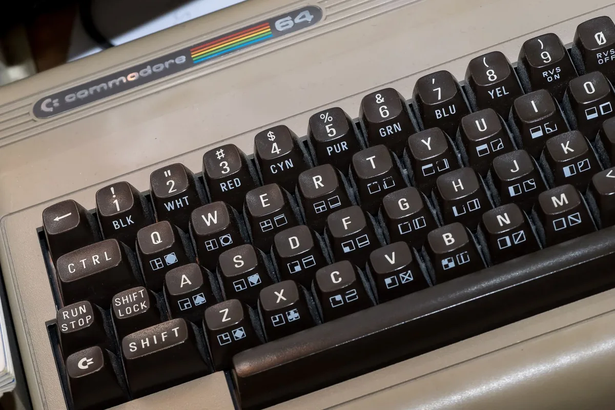 Detailed view of the classic Commodore 64 keyboard showcasing its vintage keys and design.