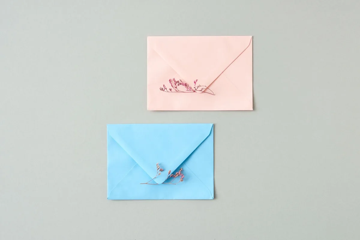 Minimalist stationery with pastel-colored envelopes and delicate flowers, perfect for invitations or announcements.