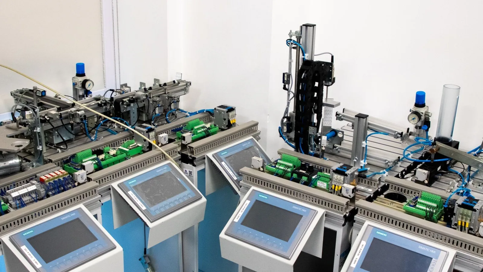 High-tech industrial automation system with control panels indoors.
