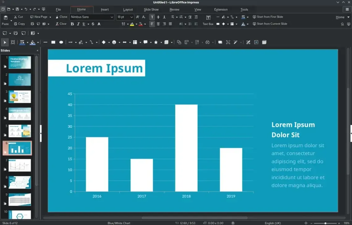 Zrzut ekranu ciemnego motywu LibreOffice Impress z wykresem słupkowym