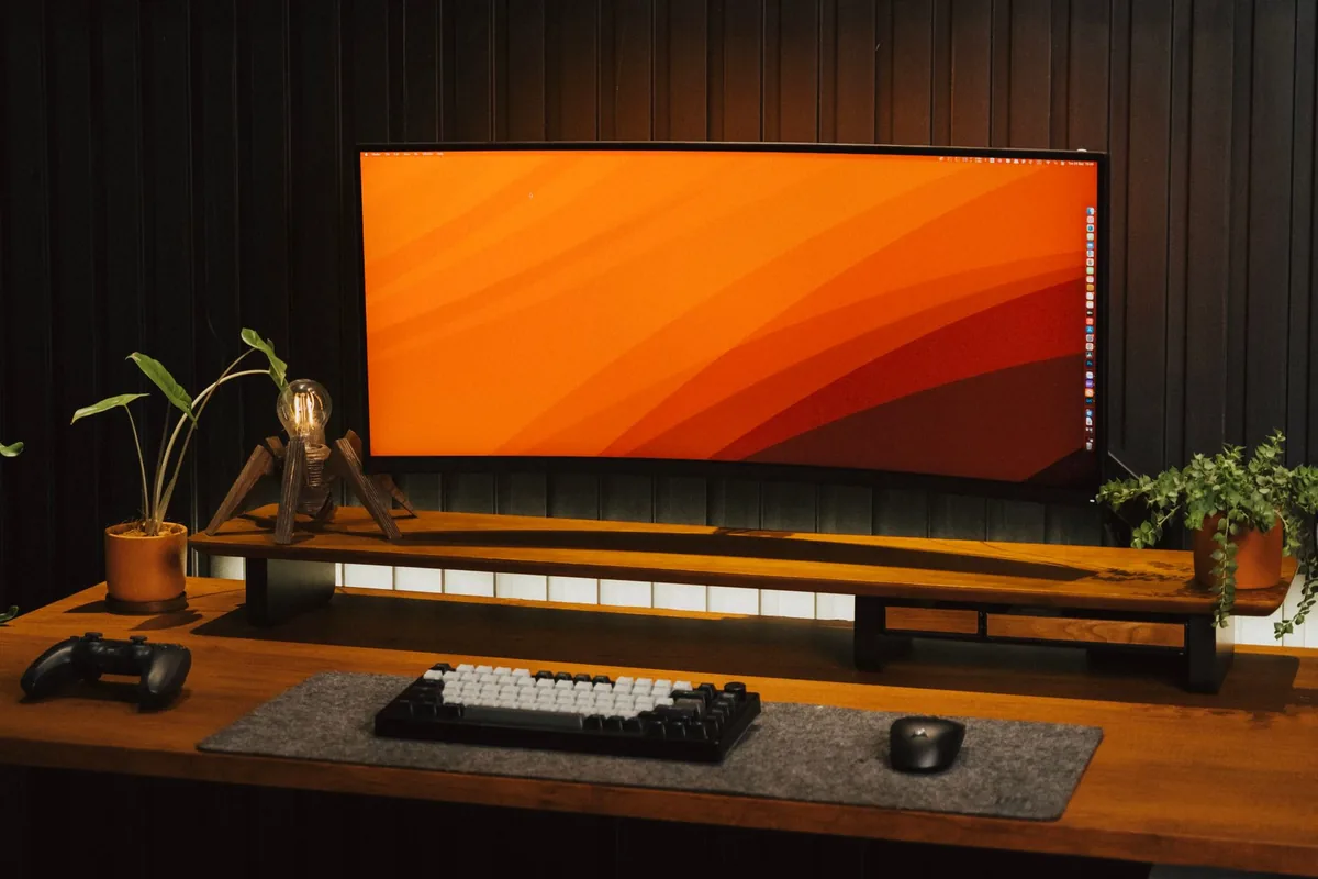 zakrzywiony monitor dla graczy i rośliny na drewnianym biurku — Acer Predator XB271HU a zakres naszego serwisu — czym zajmujemy się zamiast
