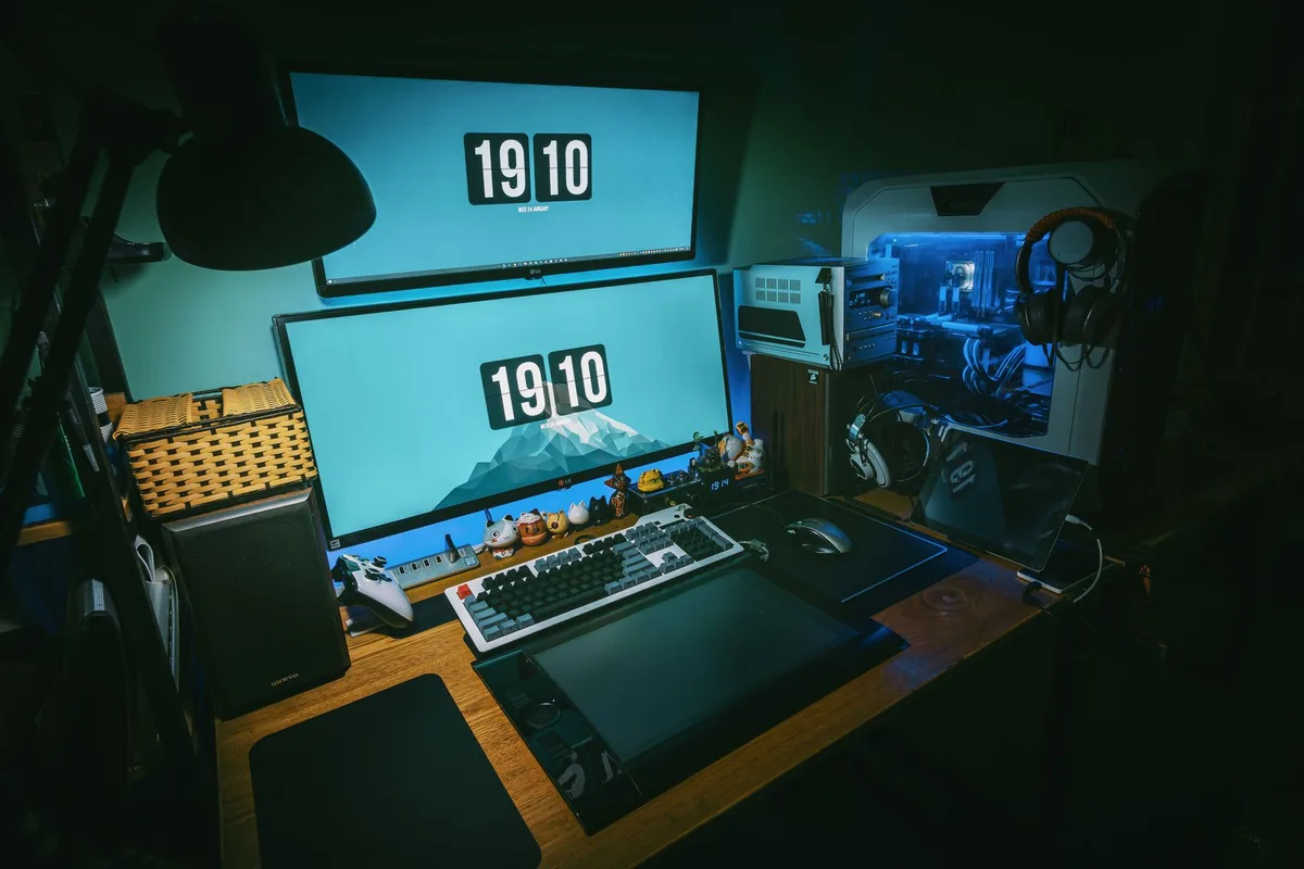 dwa monitory i komputer gamingowy w ciemnym pokoju — Acer Predator XB273U — czego przy tym sprzęcie nie zrobimy