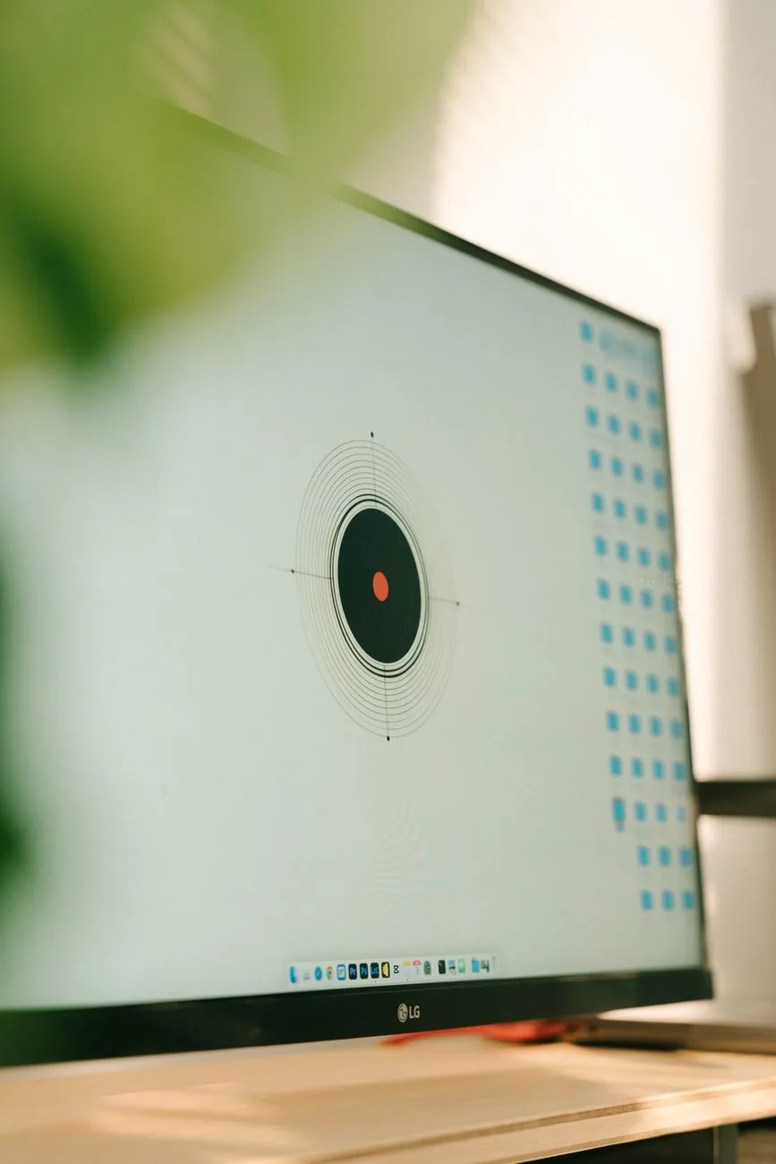 monitor LG z grafiką tarczy na minimalistycznym biurku — Dlaczego nie bierzemy LG 24MK430H do naprawy