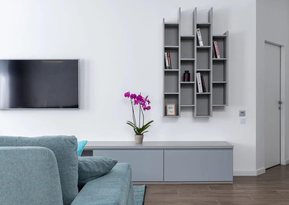 telewizor i sofa obok regałów na książki w salonie — Dlaczego nie bierzemy LG 55NANO75 do naprawy