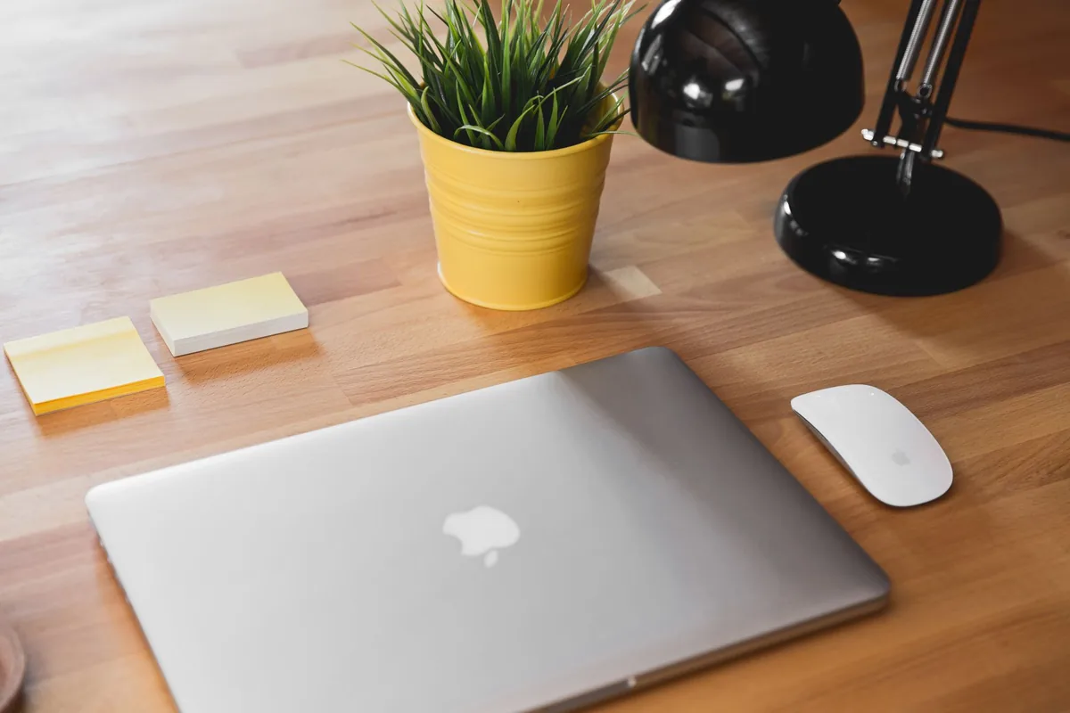 laptop, roślina w doniczce i lampka na drewnianym stole — Dlaczego nie bierzemy MacBook 12 cali (2017) do naprawy