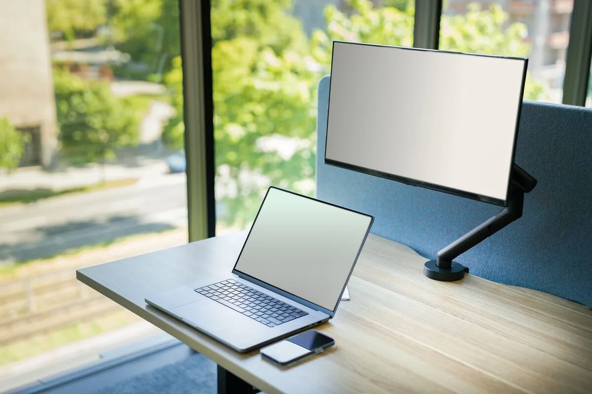 Srebrny laptop o wyglądzie MacBooka (aluminiowe unibody, czarne klawisze) na biurku obok monitora — odrzucone wzrokiem przy doborze zamienników I01 aleja-stanow72 2026-09-17 — Dlaczego nie bierzemy MacBook Air 13 cali Retina (2018) do naprawy