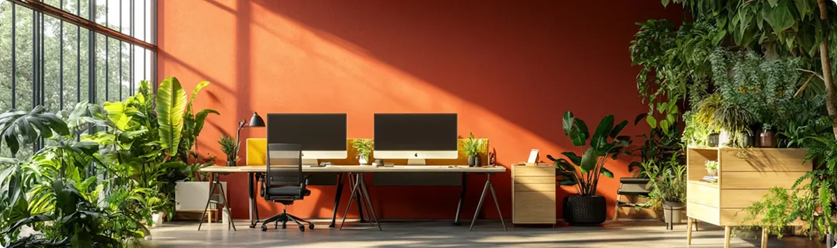 Biuro z dwoma komputerami iMac na pomarańczowej ścianie wśród roślin — iMac 21,5 cala (2012) a zakres naszego serwisu — czym zajmujemy się zamiast