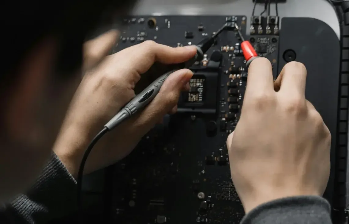 Dłonie z sondami multimetru na płycie głównej komputera Apple iMac — iMac Pro (2017) a zakres naszego serwisu — czym zajmujemy się zamiast