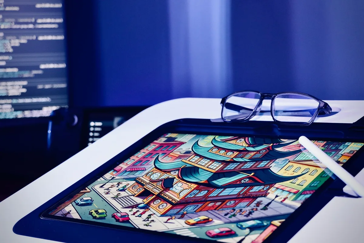 tablet z grafiką, rysikiem i okularami — Lenovo Tab M11 a zakres naszego serwisu — czym zajmujemy się zamiast