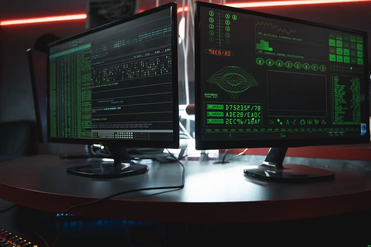 dwa monitory z zielonym kodem w ciemnym pokoju — LG 24MP60G w zgłoszeniu — jak odpowiadamy i co radzimy