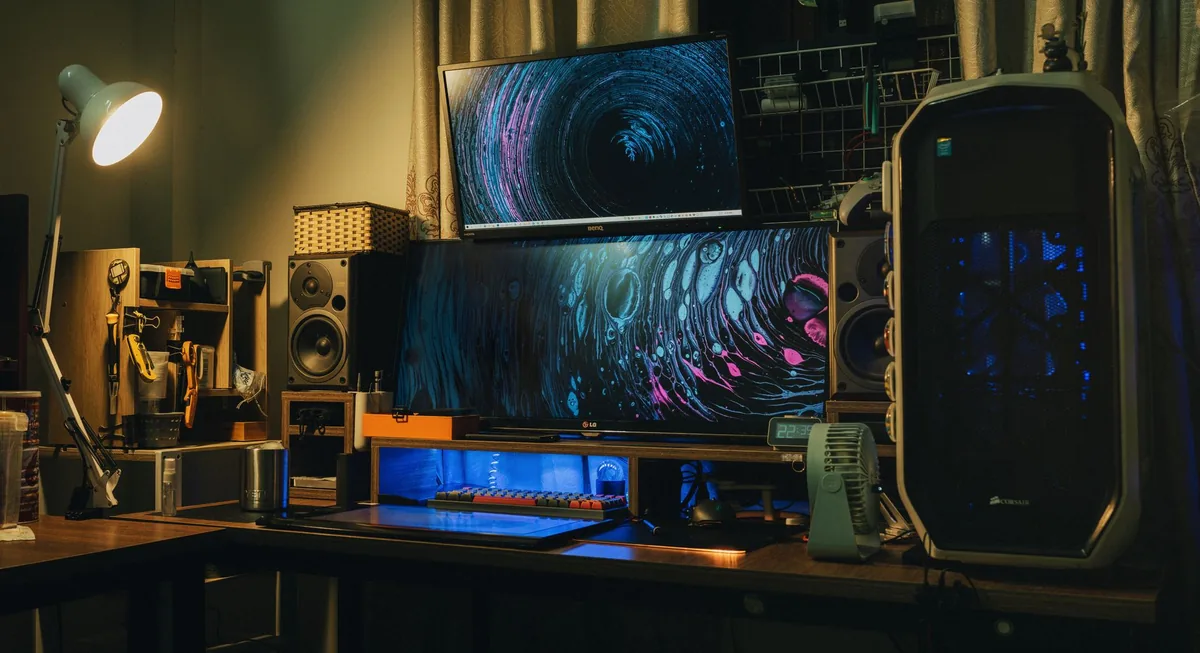 duże monitory dla graczy i głośniki na biurku w studiu — LG UltraGear 34GP63A poza naszym warsztatem — gdzie szukać pomocy