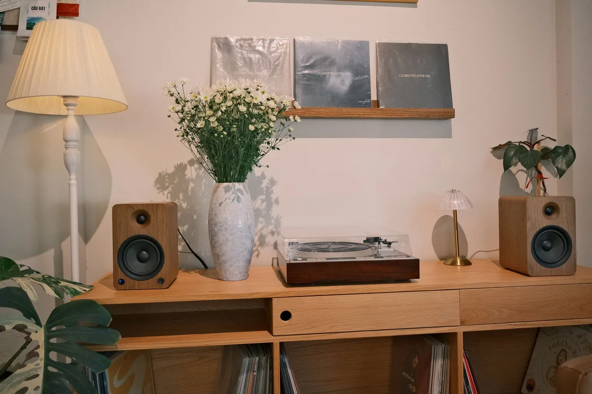 gramofon z głośnikami, płytami i kwiatami w przytulnym pokoju — Logitech Z407 — czego przy tym sprzęcie nie zrobimy