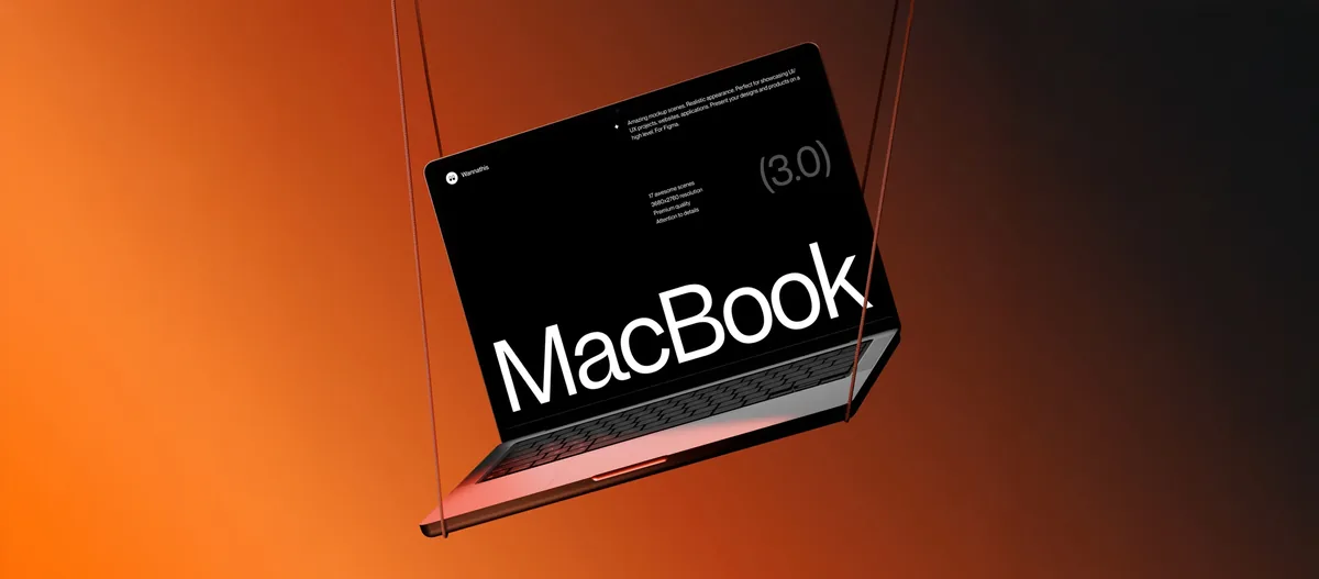 Makieta laptopa MacBook zawieszonego na linkach z napisem MacBook na ekranie — MacBook Pro 13 cali M2 (2022) a zakres naszego serwisu — czym zajmujemy się zamiast