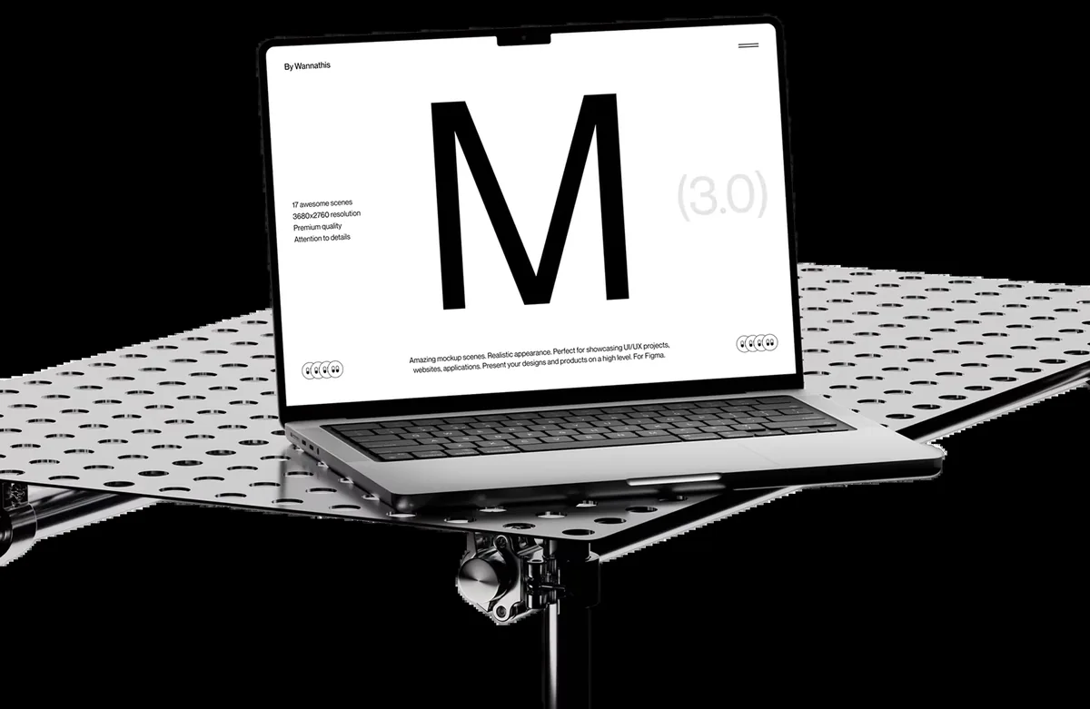 Makieta laptopa typu MacBook na czarnym tle z dużą literą M — MacBook Pro 15 cali (2015) — czego przy tym sprzęcie nie zrobimy