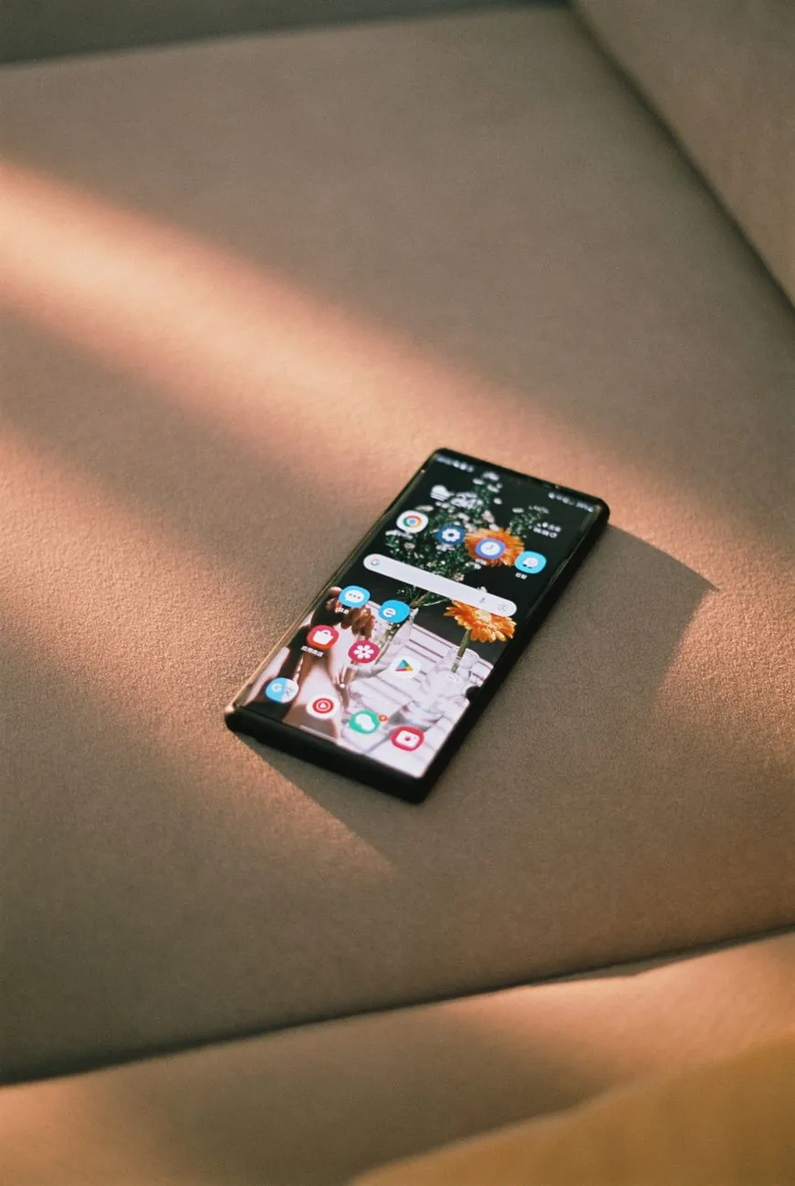 smartfon z widocznymi aplikacjami leżący na beżowej sofie — realme C31 poza naszym warsztatem — gdzie szukać pomocy