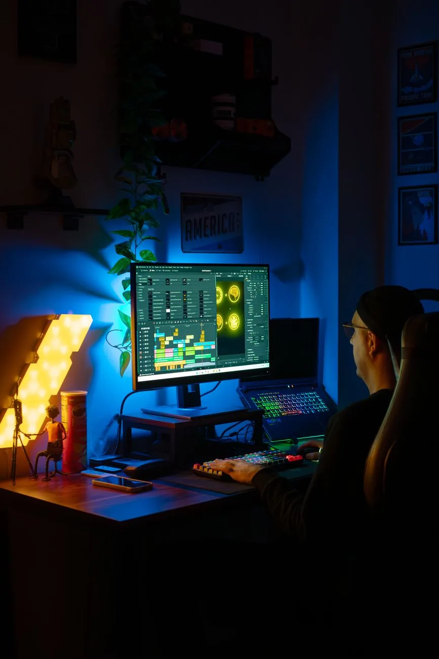 monitor dla graczy z włączonym programem w neonowym pokoju — Samsung Odyssey G5 LS27CG510 — czego przy tym sprzęcie nie zrobimy