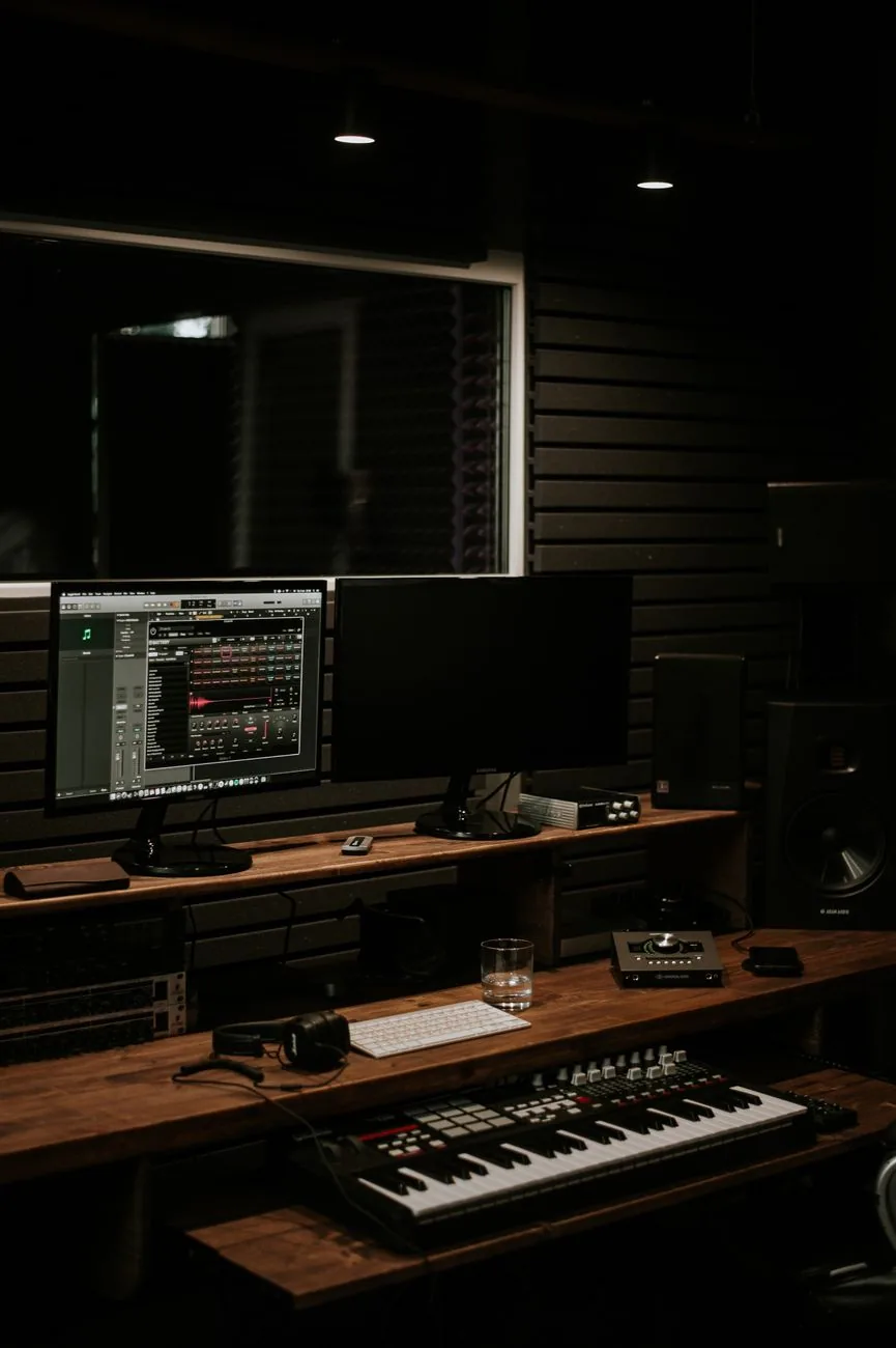 monitory komputerowe i sprzęt audio w ciemnym studiu muzycznym — Samsung S24R350 a zakres naszego serwisu — czym zajmujemy się zamiast