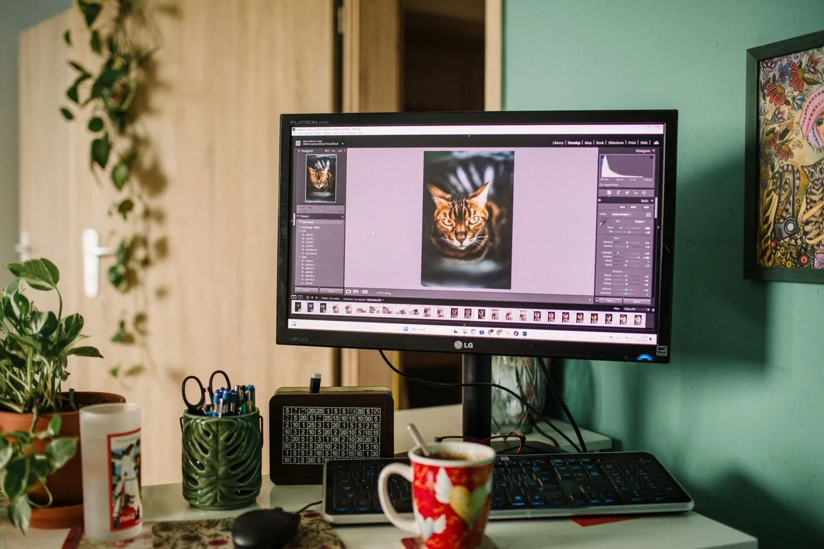 monitor z programem do edycji zdjęć wśród roślin na biurku — Samsung ViewFinity S9 a zakres naszego serwisu — czym zajmujemy się zamiast