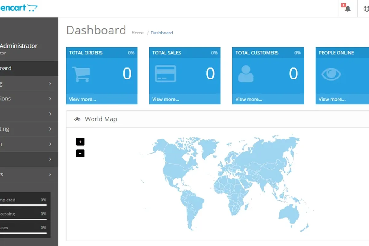 Zrzut ekranu pulpitu administracyjnego platformy OpenCart z mapą świata