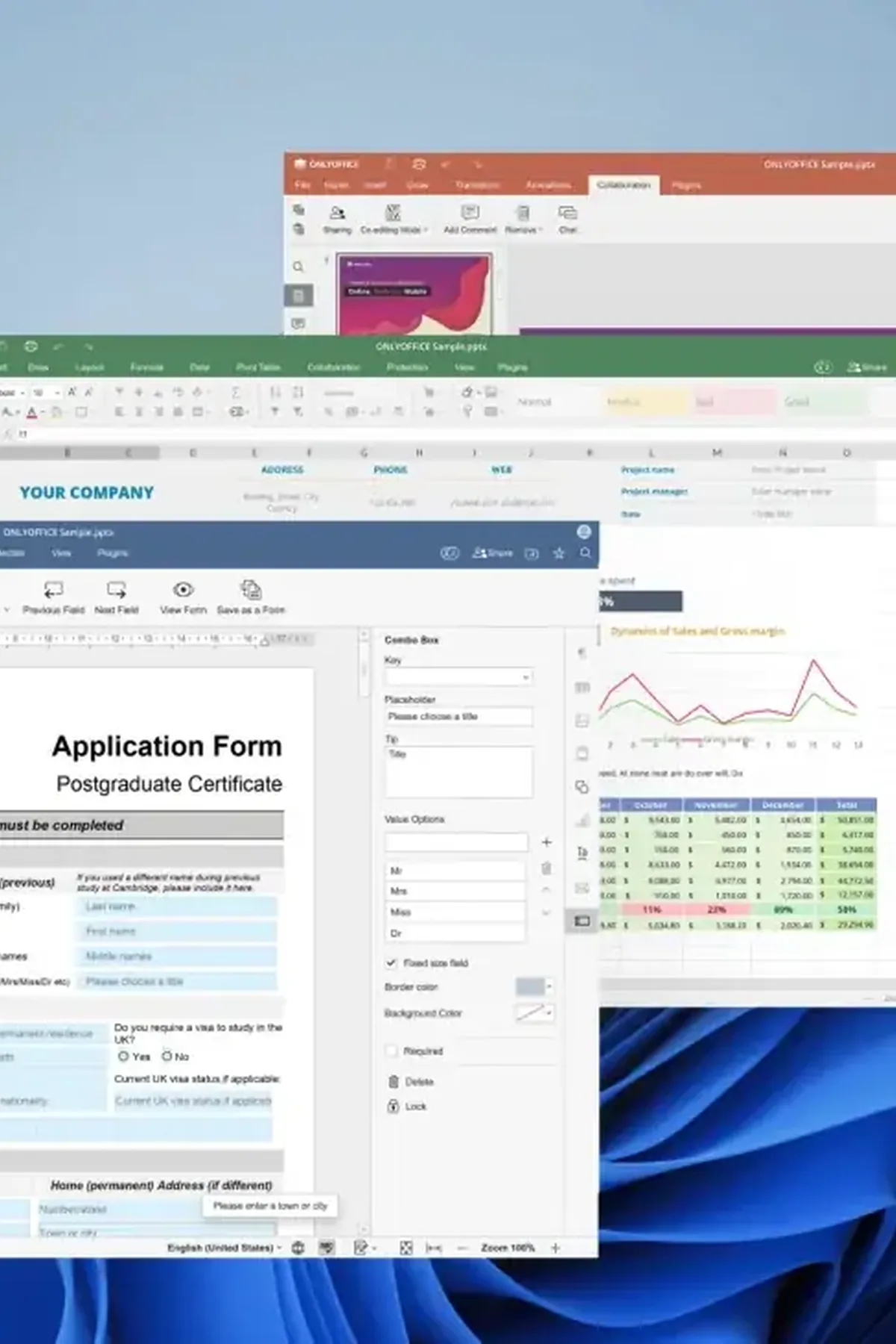 Kolaż okien aplikacji OnlyOffice - prezentacji, dokumentu i formularza