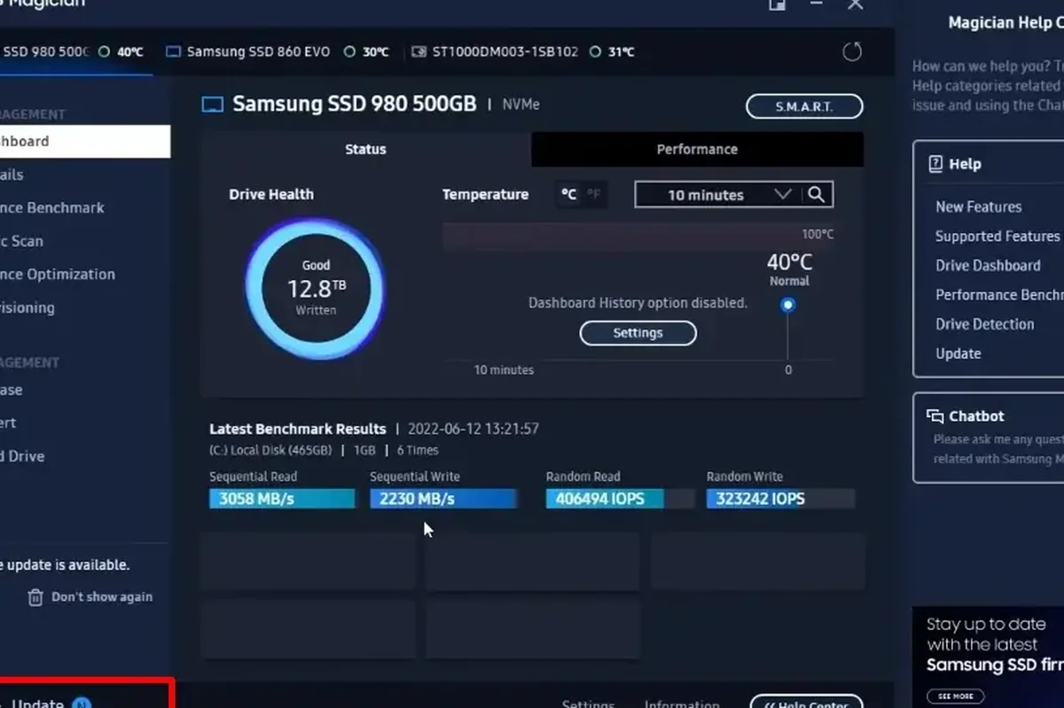 Program diagnostyczny dysku SSD ze stanem i temperaturą
