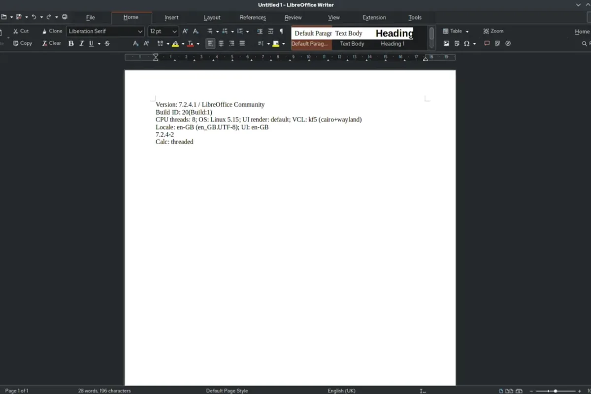 Zrzut ekranu LibreOffice Writer z informacjami o wersji i systemie