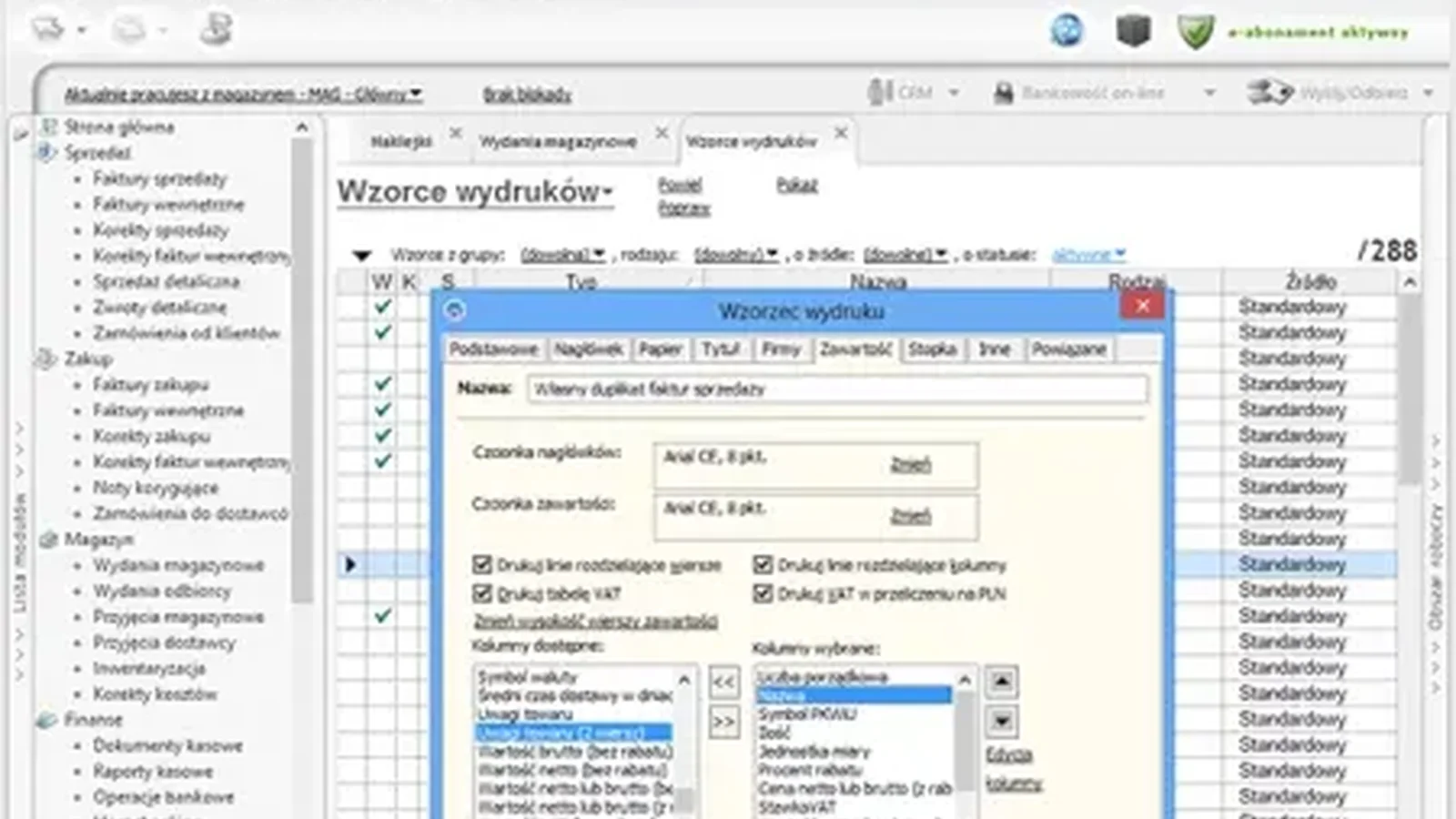 Okno wzorców wydruków w programie Subiekt GT