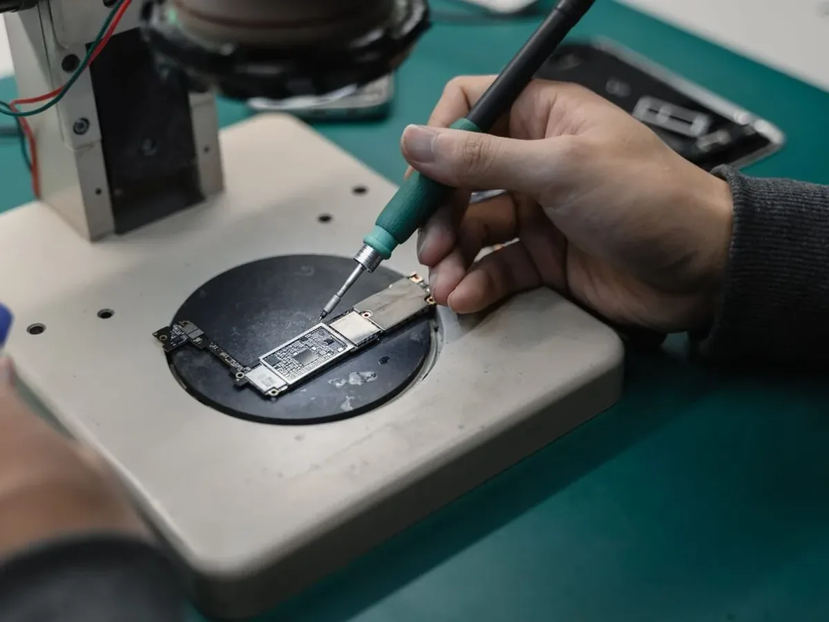 Dłonie serwisanta lutujące miniaturową płytkę elektroniczną pod mikroskopem