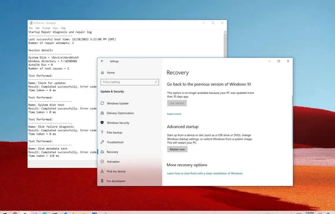 Okno odzyskiwania i naprawy uruchamiania w systemie Windows