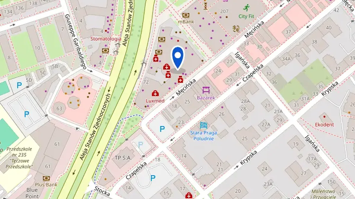 Mapa OpenStreetMap z pinezką lokalizacji serwisu przy Alei Stanów Zjednoczonych
