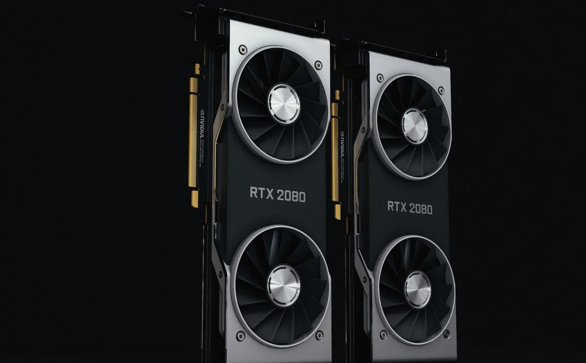 Close-up of two NVIDIA RTX 2080 graphics cards with dual fans, high-performance hardware.